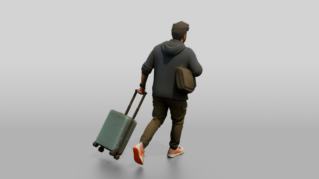 Plus-Size Man Running Through Airport Pulling Rolling Suitcase
