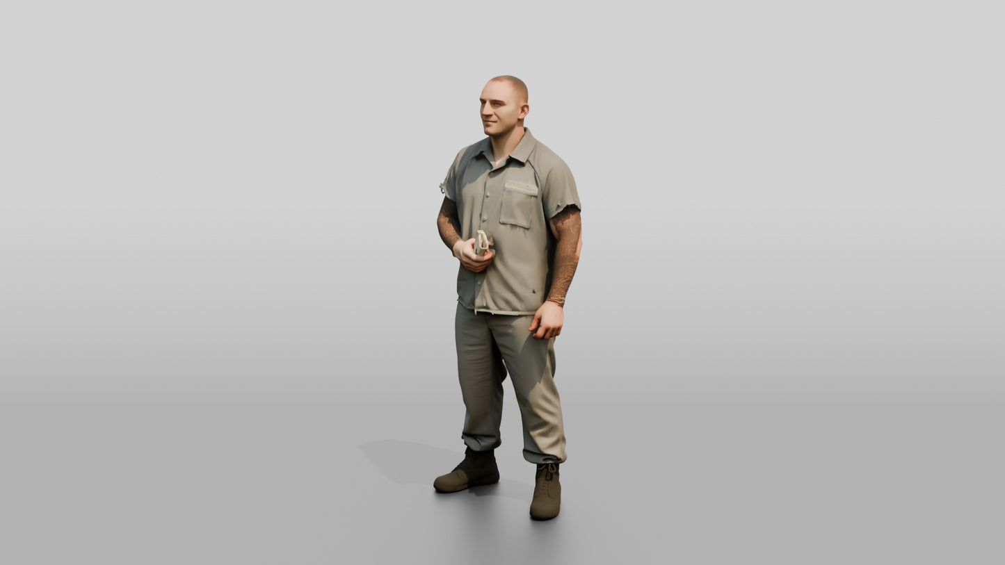 White Male Prisoner in a Grey Uniform