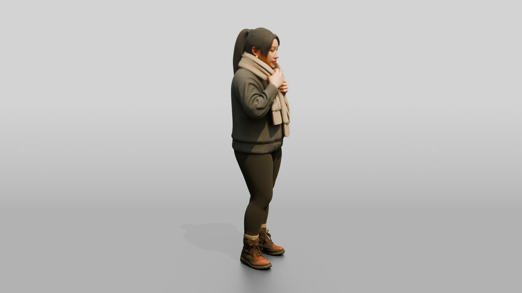 Homeless Woman Tightening a Thick Knitted Scarf