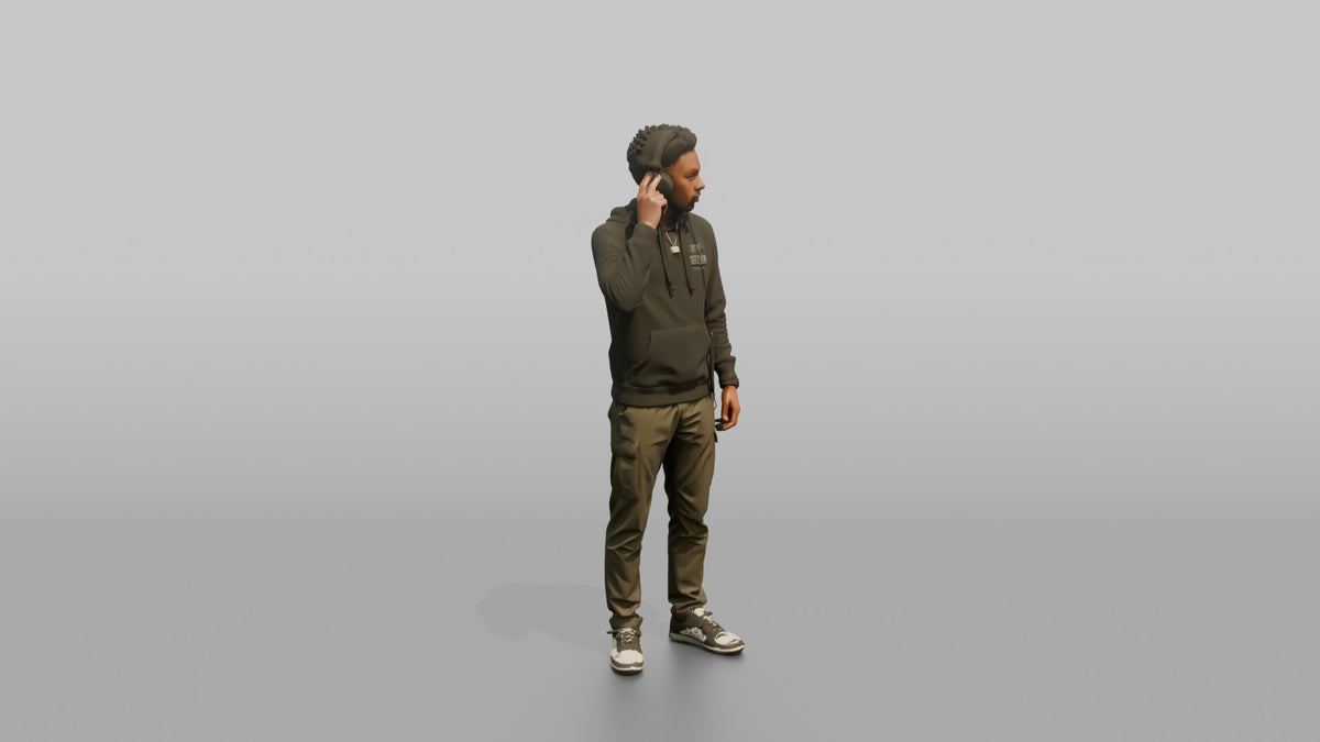Club DJ Man Wearing Headphones, One Hand Adjusting Them - 3D character model, view 2