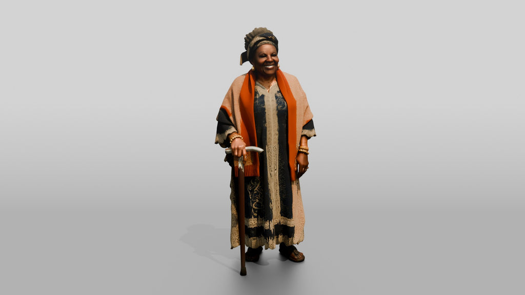 Elderly African Woman with a Walking Stick in a Lace Gown