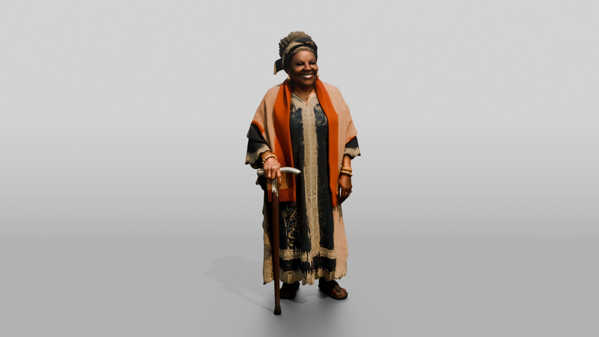 Elderly African Woman with a Walking Stick in a Lace Gown