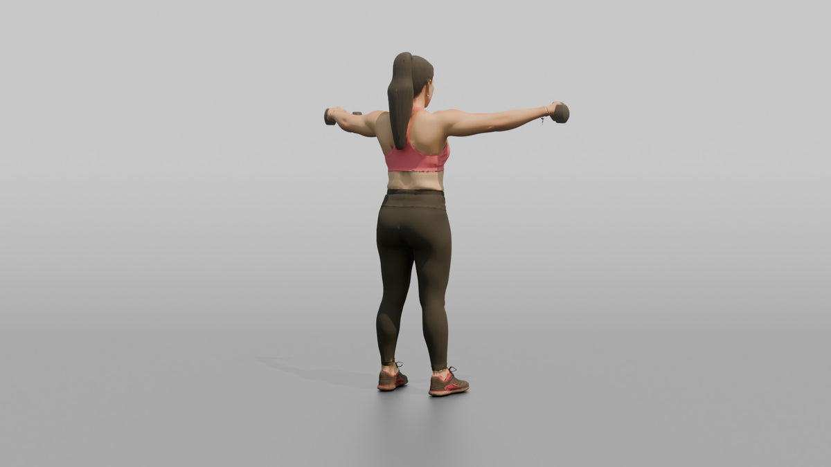 Weightlifter Woman Doing A Dumbbell Lateral Raise - 3D character model, view 3