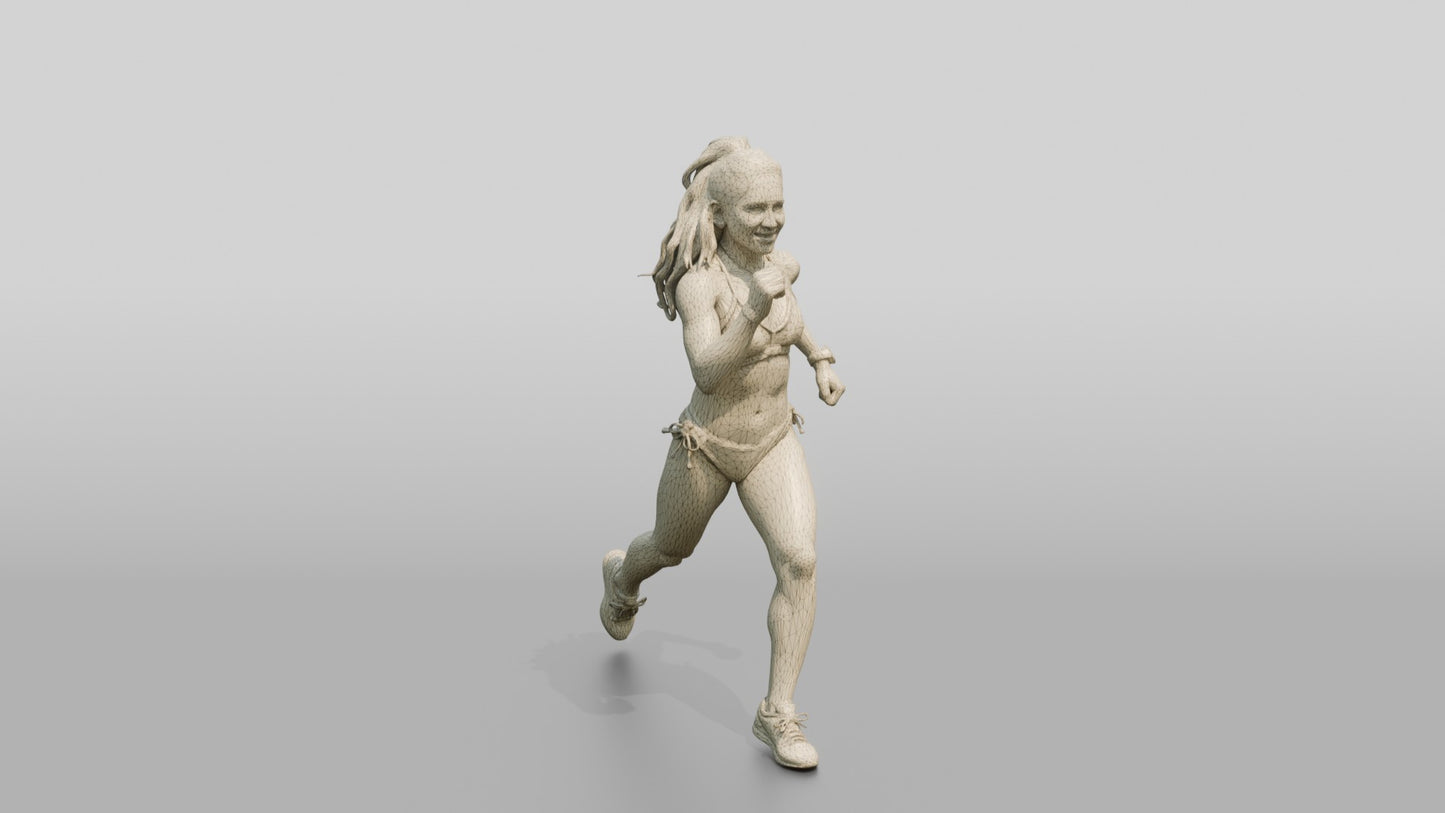 Latina Woman Running in Bold Coral Bikini