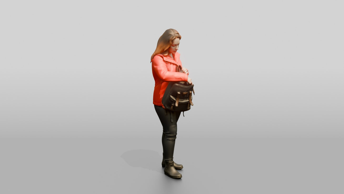 White Woman in Red Jacket Looking for Keys