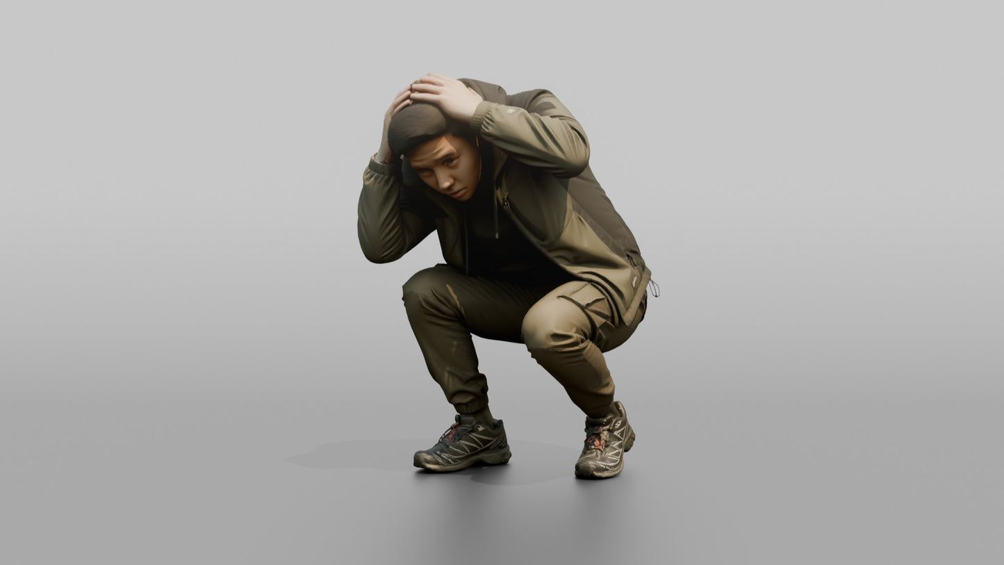 Protester Man Crouching with Hands on His Head