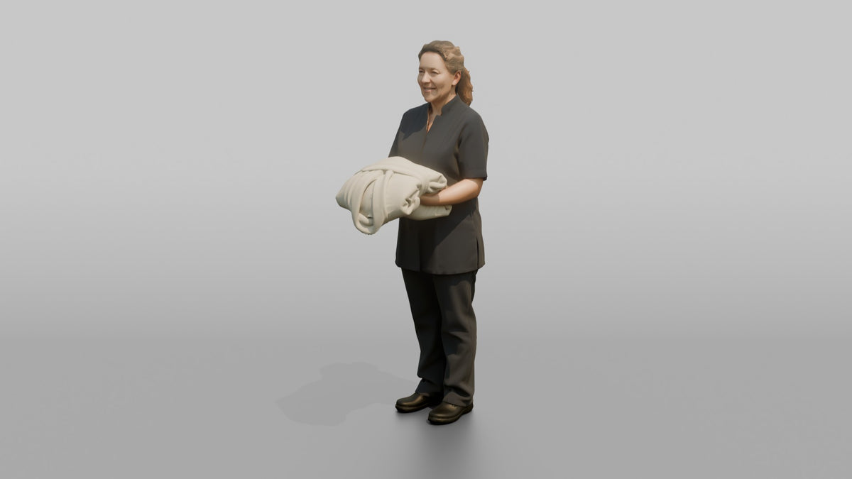 Housekeeping Staff Woman Holding A Folded Bathrobe - 3D character model, view 4