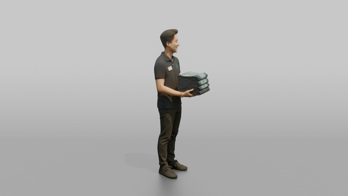 Man Retail Employee Holding A Stack Of Folded Jeans - 3D character model, view 2