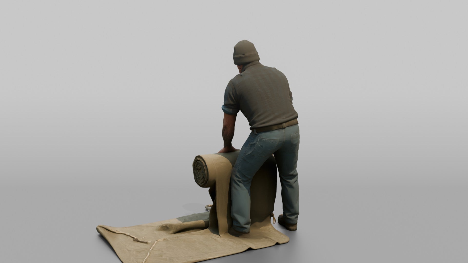 Farmer Unrolling Large Canvas Tarp