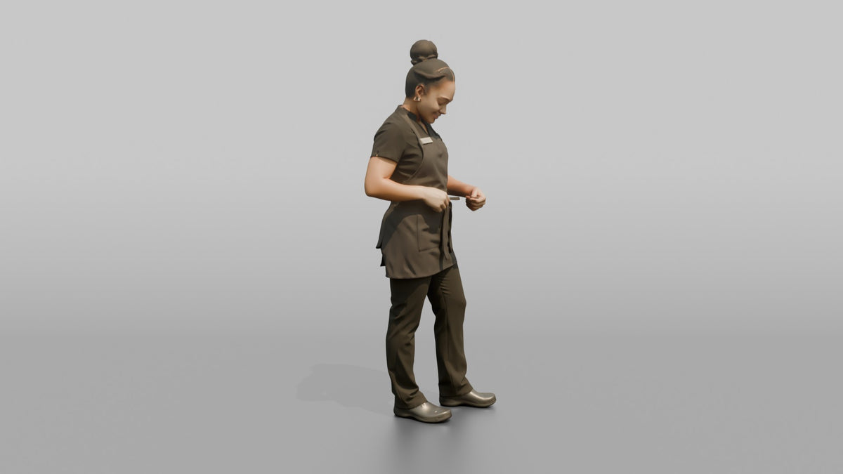 Massage Therapist Woman Adjusting A Spa Apron At The Waist - 3D character model, view 2