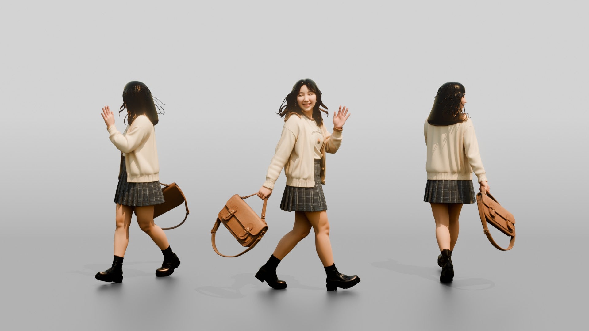 Asian Woman Walking with Vintage Bag