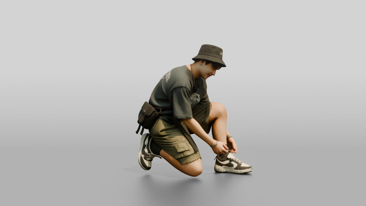 Streetwear Man Tying His Shoelace - 3D character model, view 1