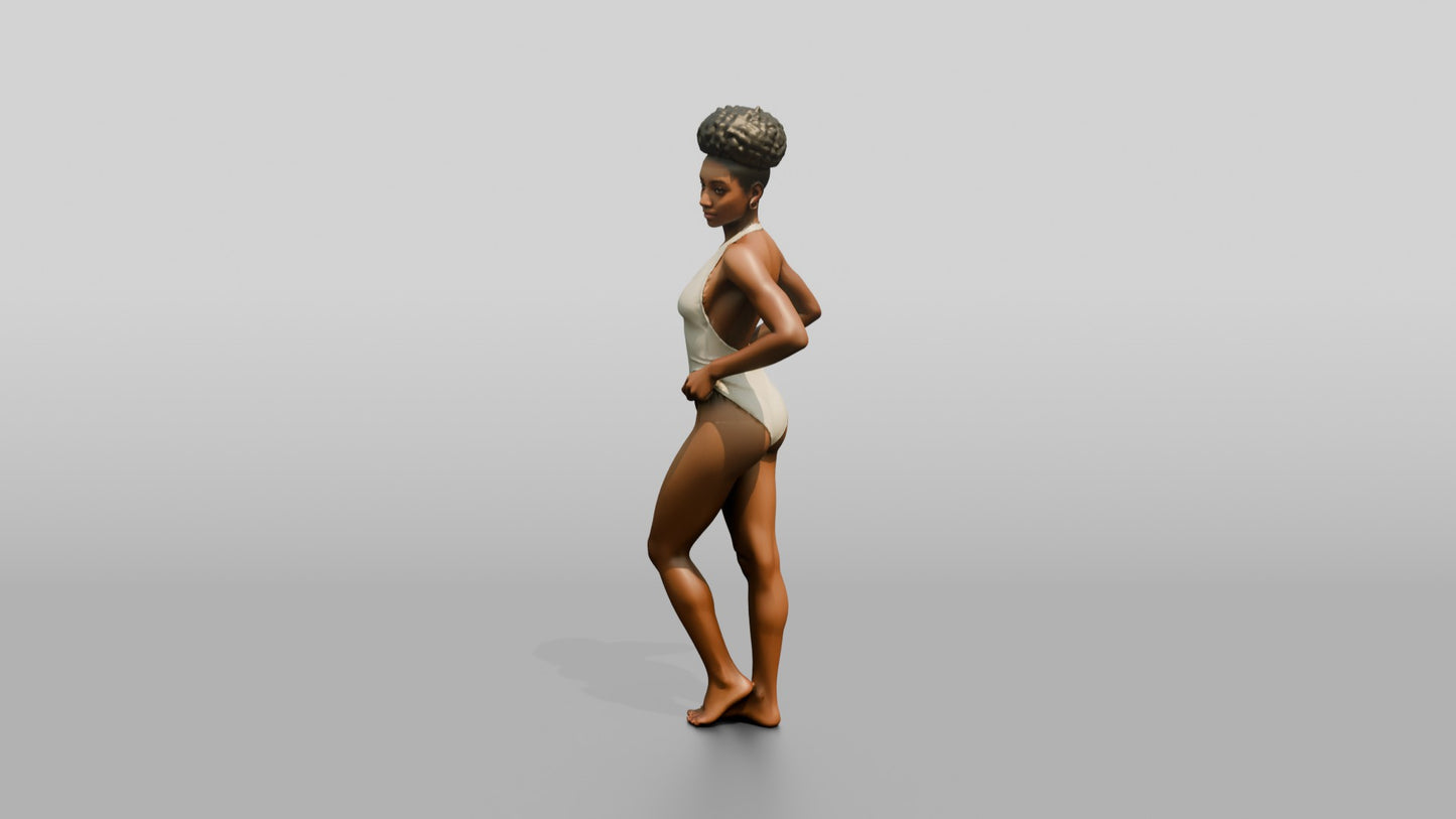 Black Woman in Ivory One-Piece Swimsuit Hand on Hip