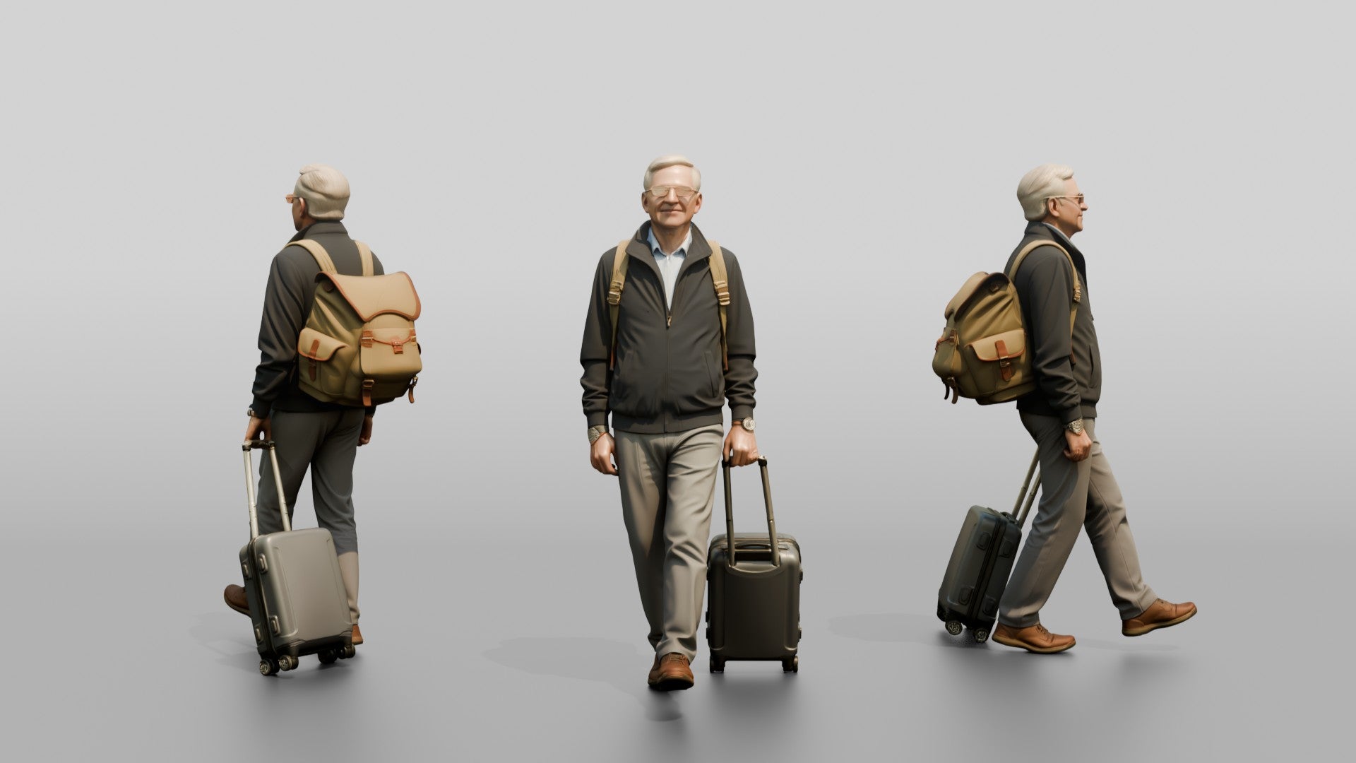 Elderly Man with Glasses Walking with Backpack and Carry-On