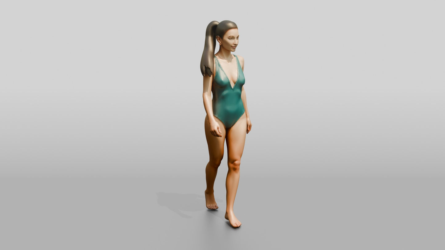 Woman in Green One-Piece Swimsuit Walking