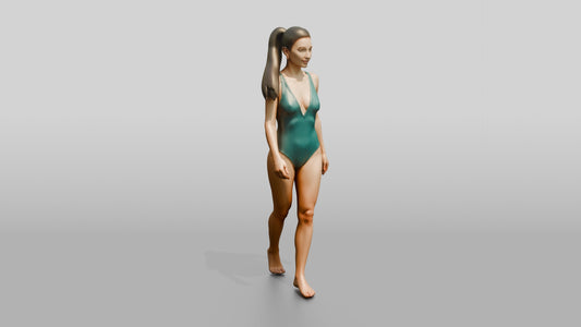 Woman in Green One-Piece Swimsuit Walking - 3D character model, view 1
