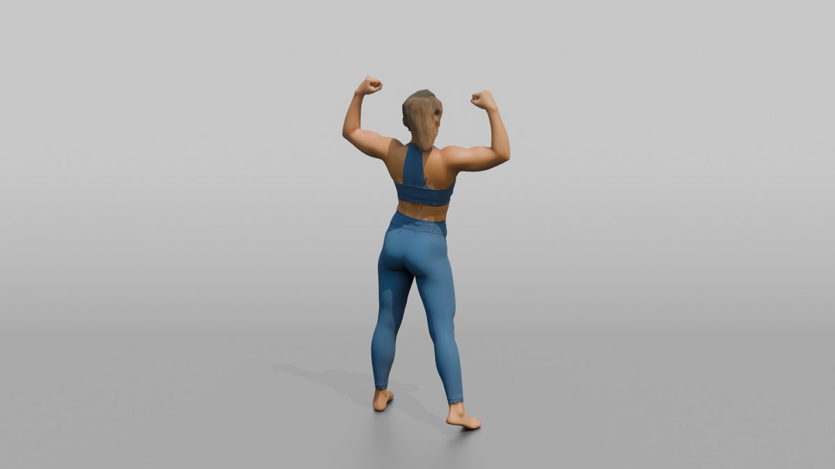 Physique Model Woman Flexing Both Arms Overhead In A Victory Pose - 3D character model, view 3