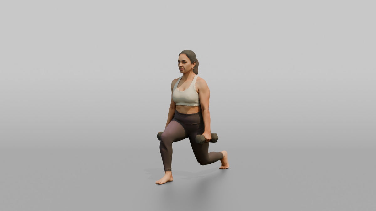 Weightlifter Woman Holding Two Dumbbells At The Sides Mid-lunge - 3D character model, view 4
