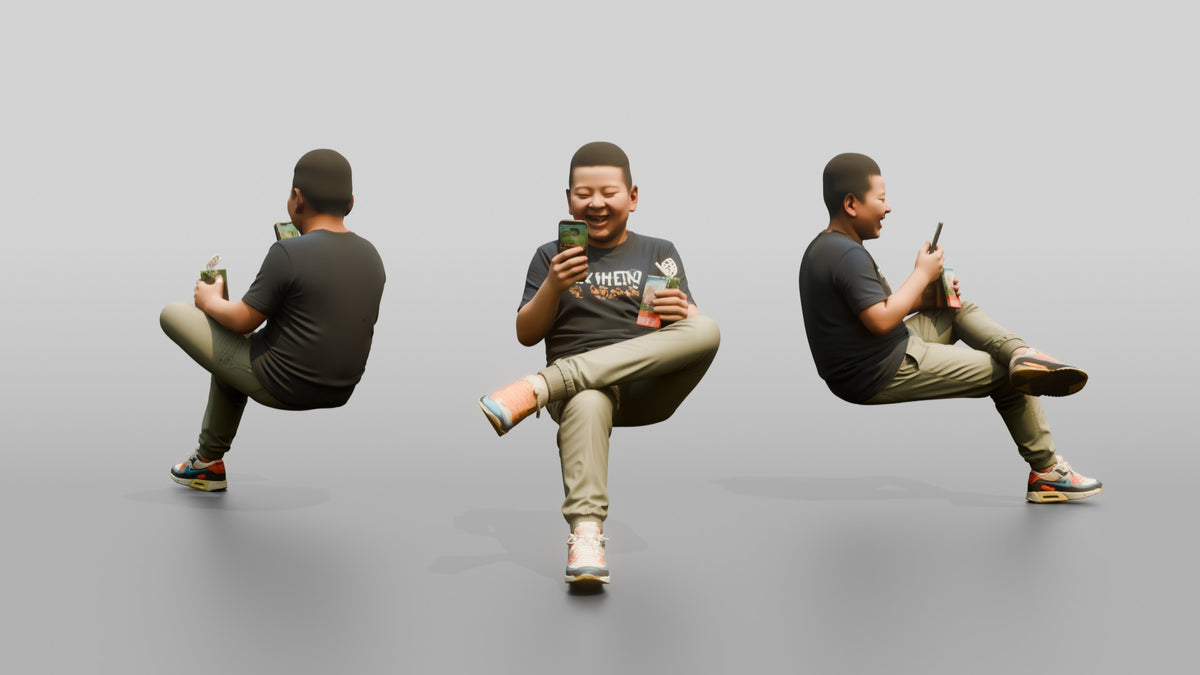 Chinese Boy Sitting with Phone and Drink - 3D character model