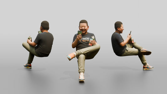 Chinese Boy Sitting with Phone and Drink - 3D character model
