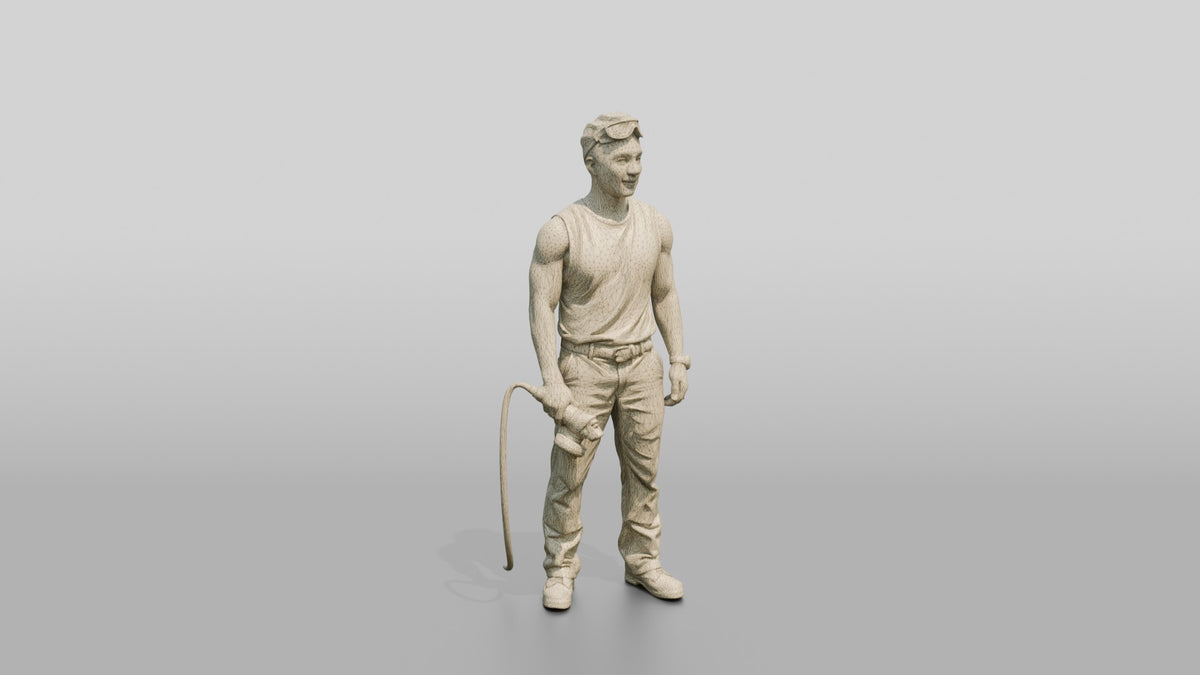 Mechanic Holding a Pneumatic Grinder - wireframe topology preview