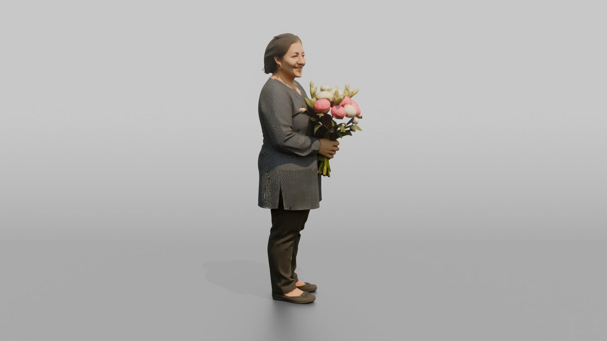 Mother Holding A Bouquet Of Flowers With Both Hands - 3D character model, view 2