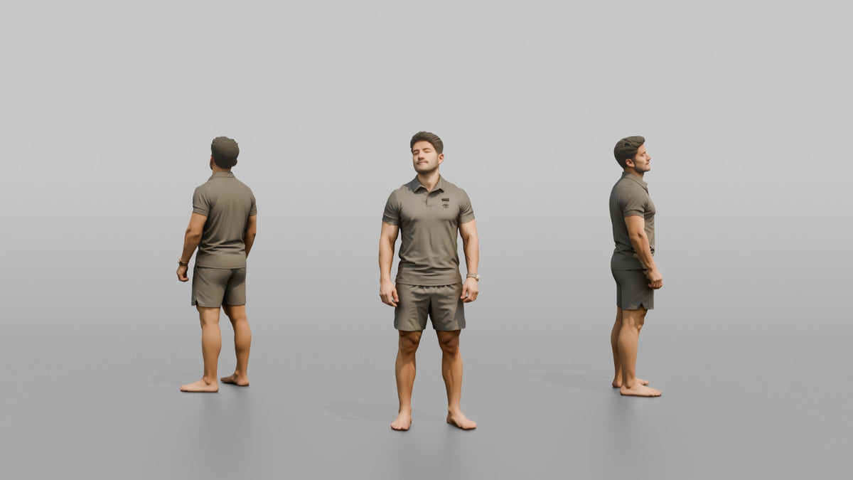 Fitness Influencer Man Standing Three-quarter Angle, Chin Slightly Up - 3D character model, view 1