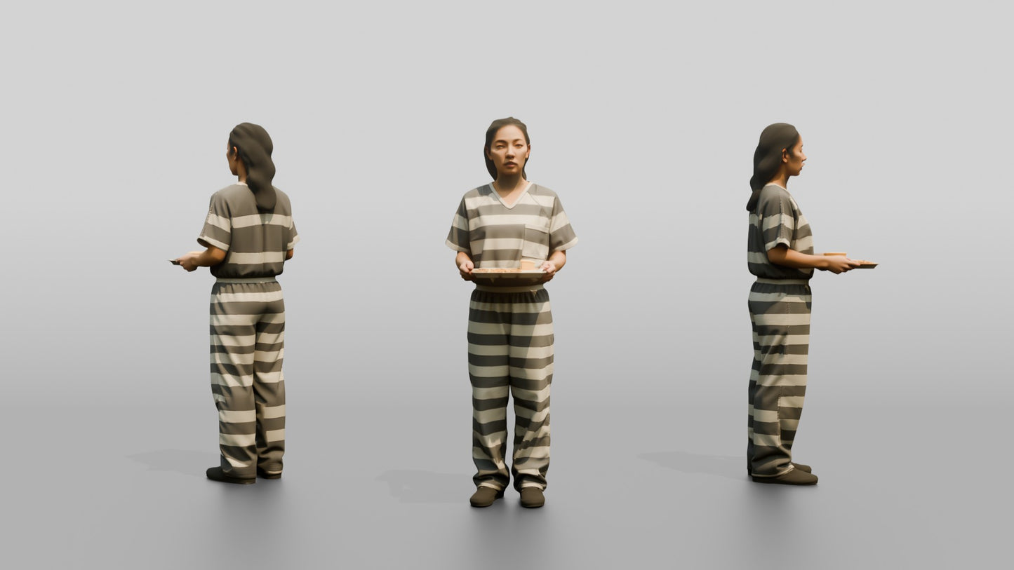 East Asian Female Prisoner in a Grey-white Striped Uniform