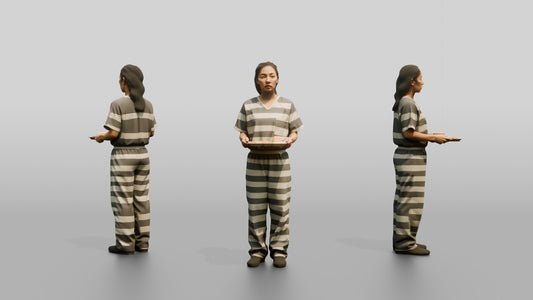 East Asian Female Prisoner in a Grey-white Striped Uniform