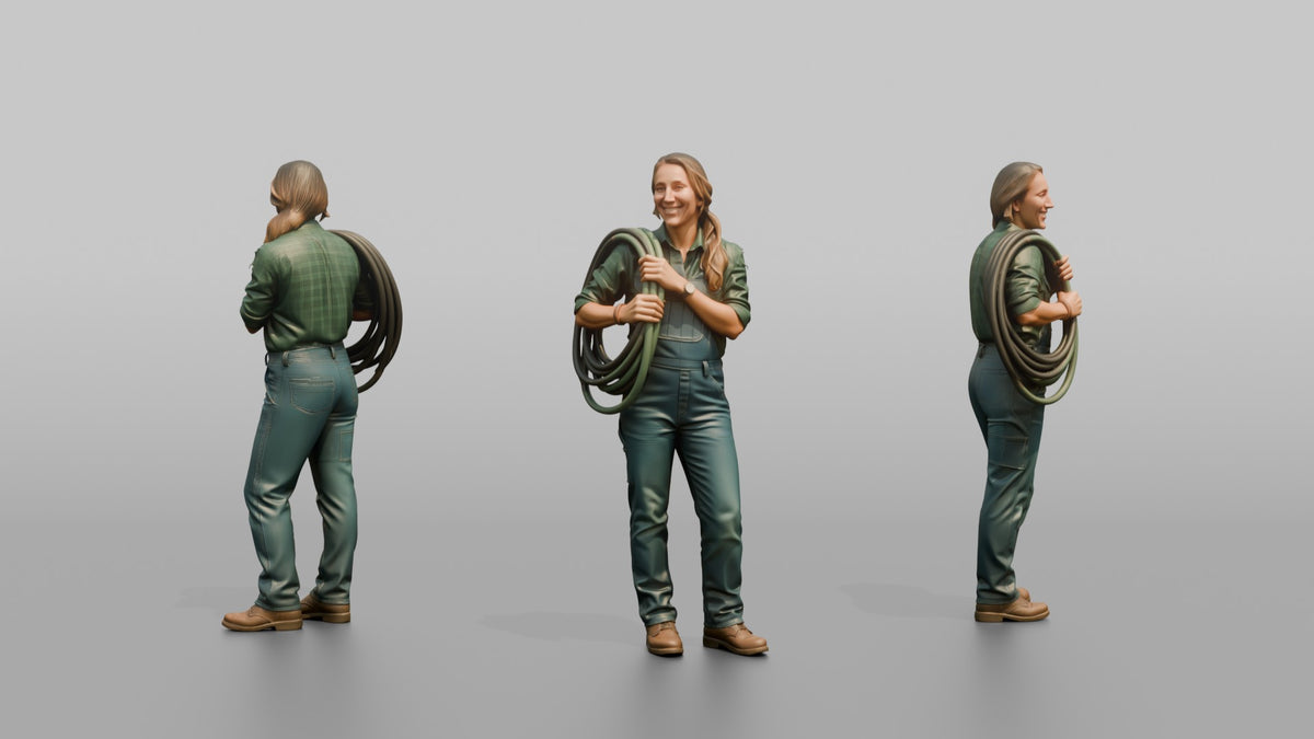 Farmer Coiling Industrial Garden Hose Over Shoulder - 3D character model