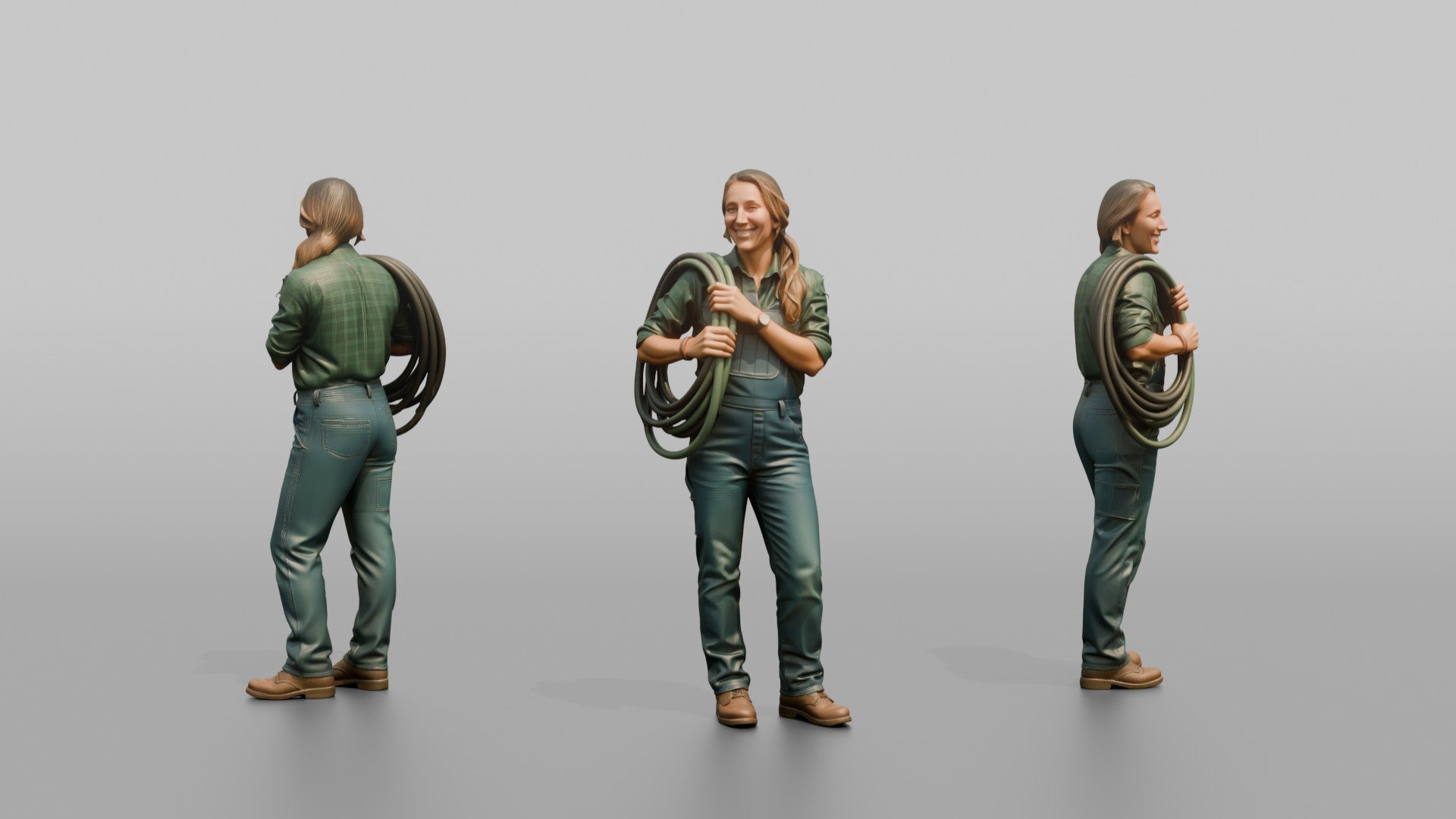 Farmer Coiling Industrial Garden Hose Over Shoulder