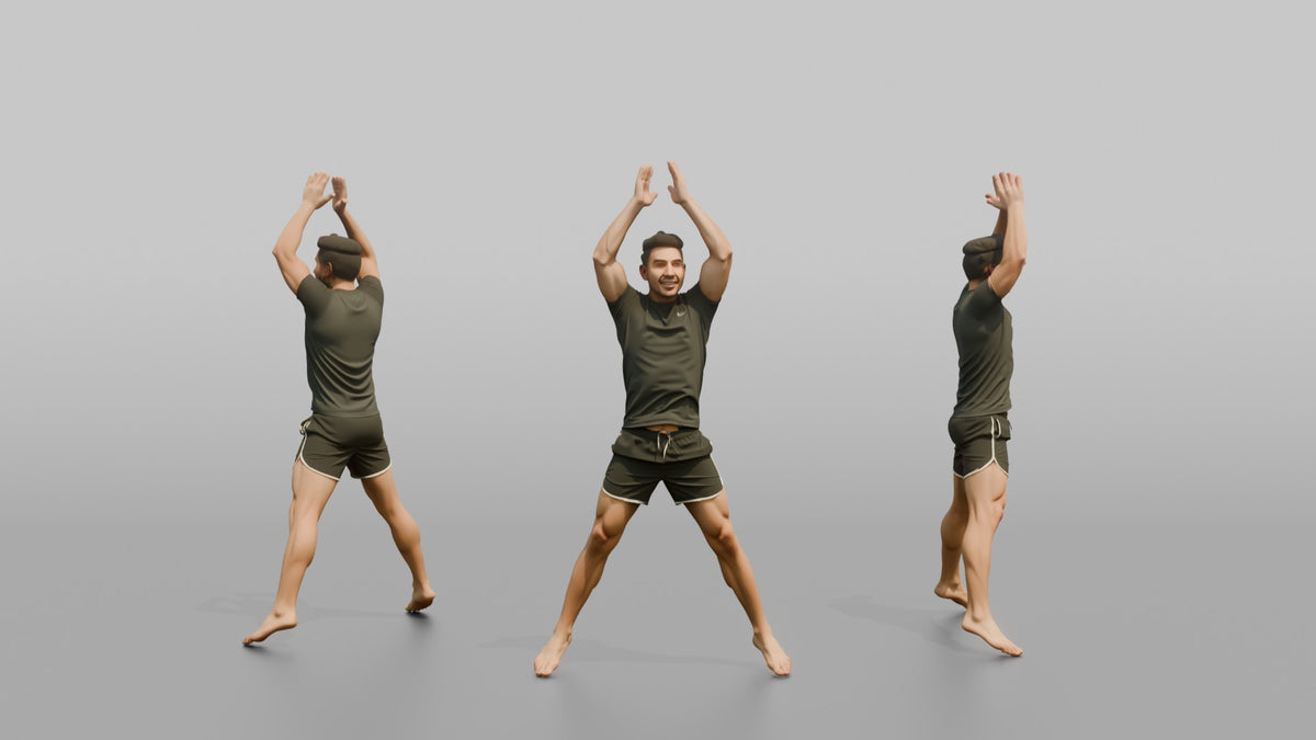 Fitness Influencer Man Mid Jumping-jack, Arms Overhead - 3D character model, view 1