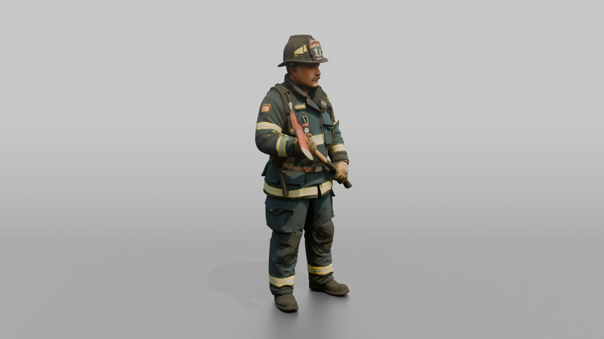 Firefighter Man Gripping a Pick-head Axe with Two Hands - 3D character model, view 2
