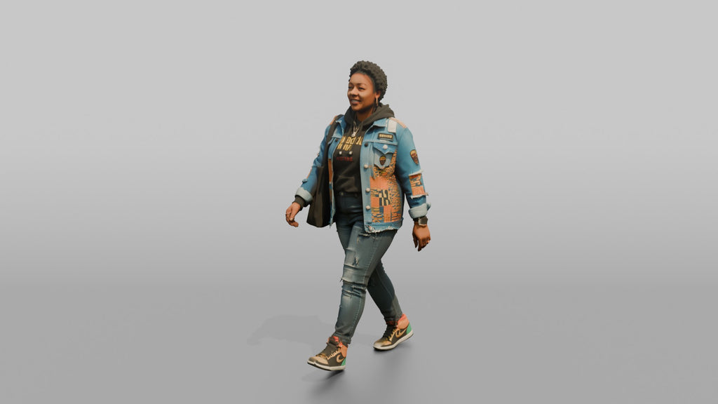 African Woman in Patched Denim Jacket Walking