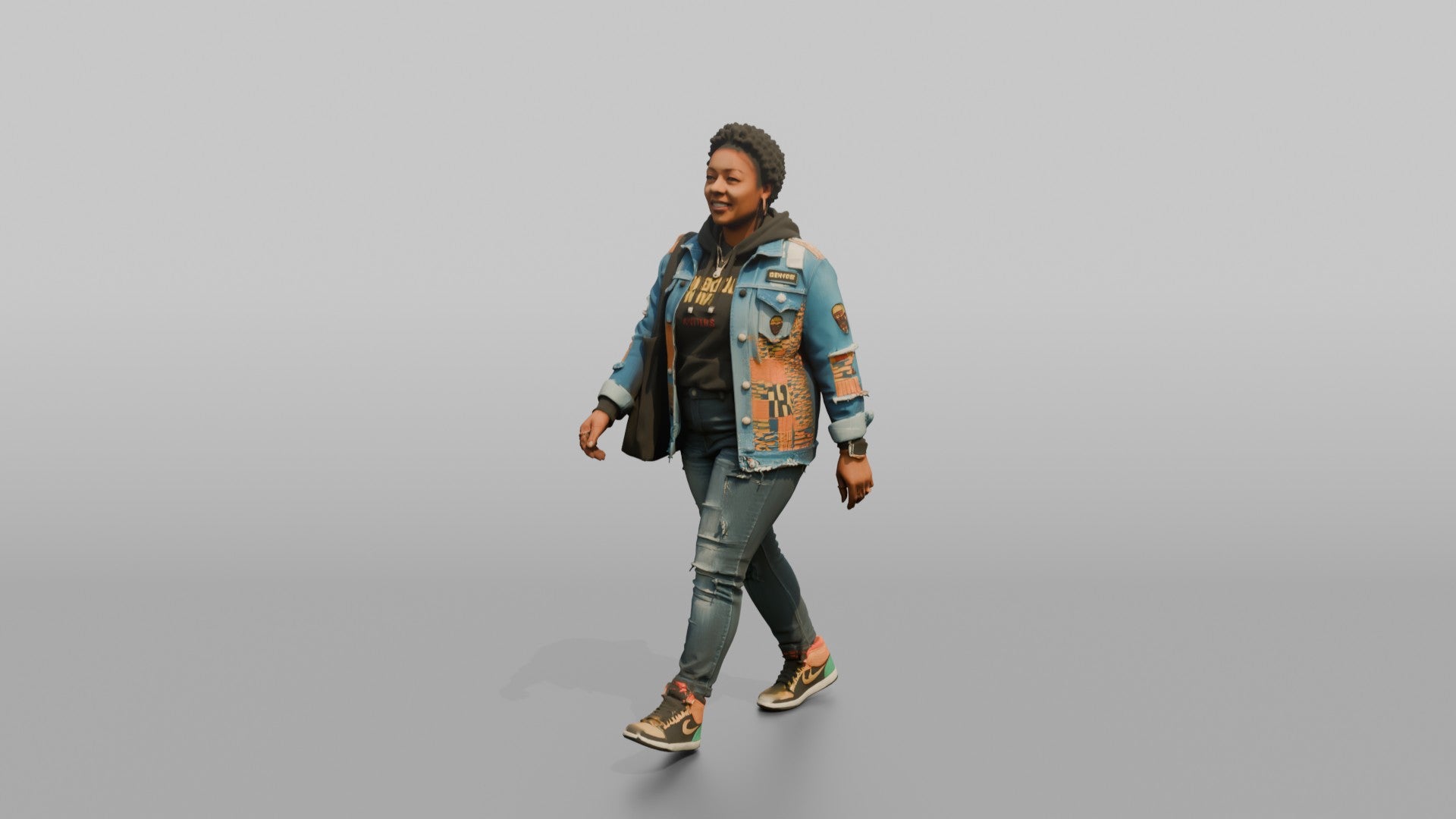 African Woman in Patched Denim Jacket Walking