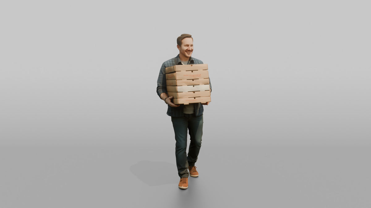Father Carrying A Stack Of Pizza Boxes Balanced In Both Arms - 3D character model, view 5