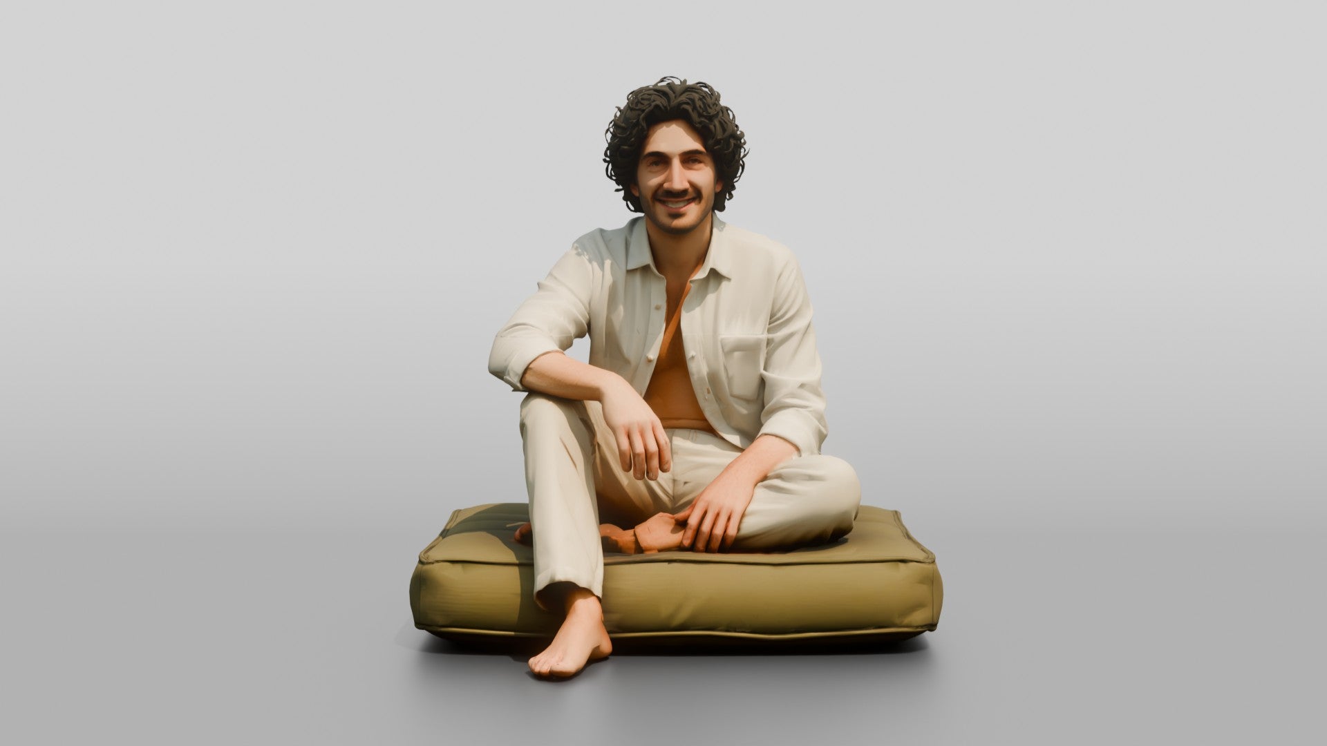 Man Sitting Cross-Legged in Linen