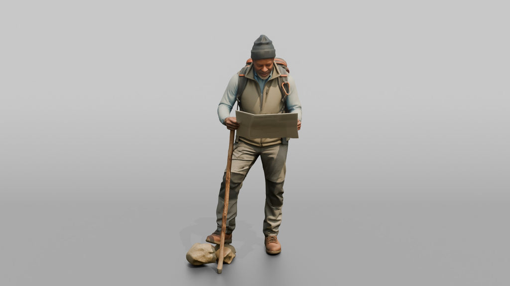 Hiker Leaning on a Walking Stick, Reading a Map