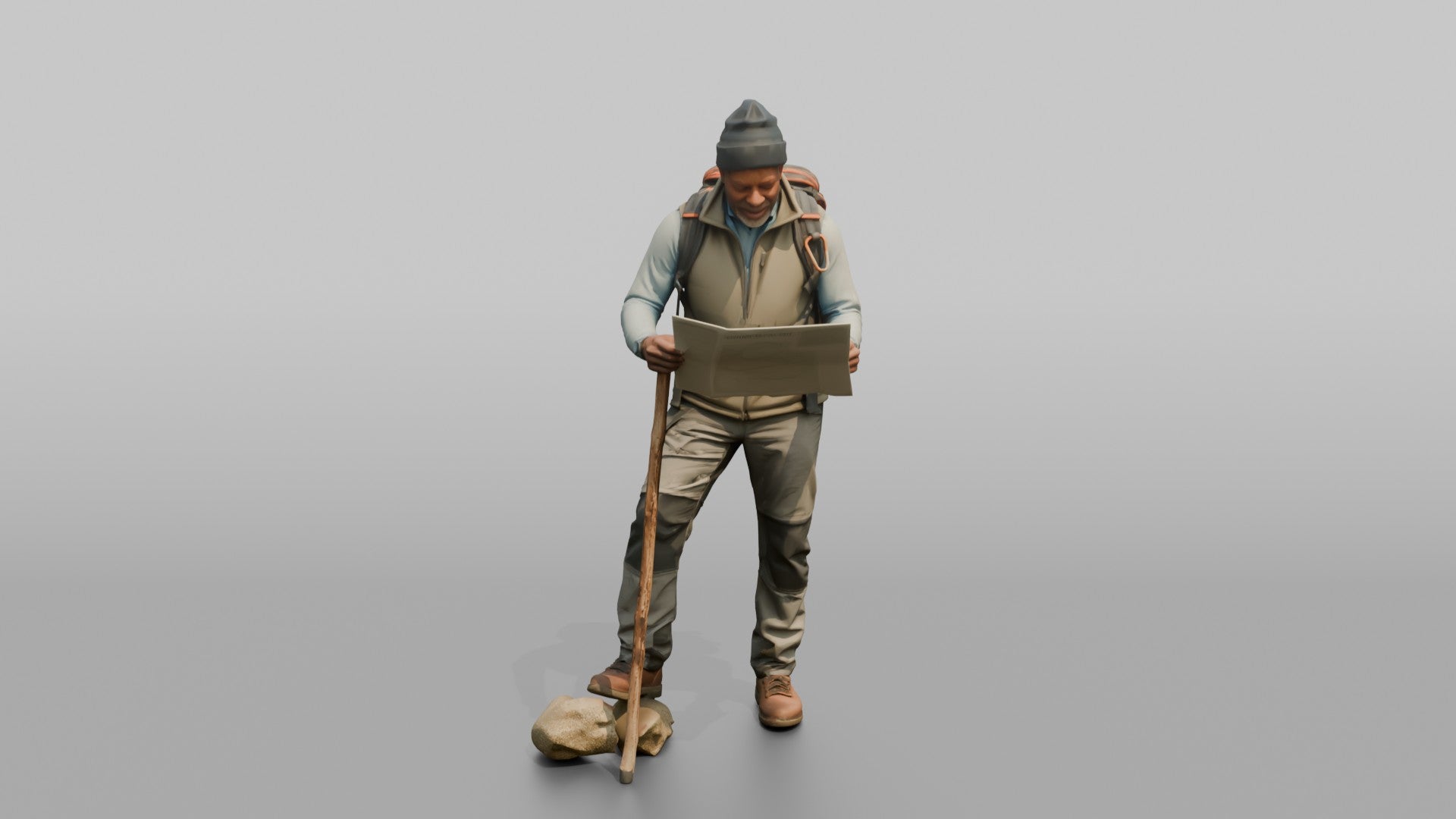 Hiker Leaning on a Walking Stick, Reading a Map