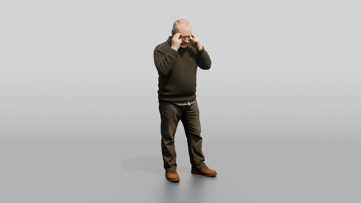 Homeless Man Looking Thoughtful While Rubbing His Temples - 3D character model, view 1