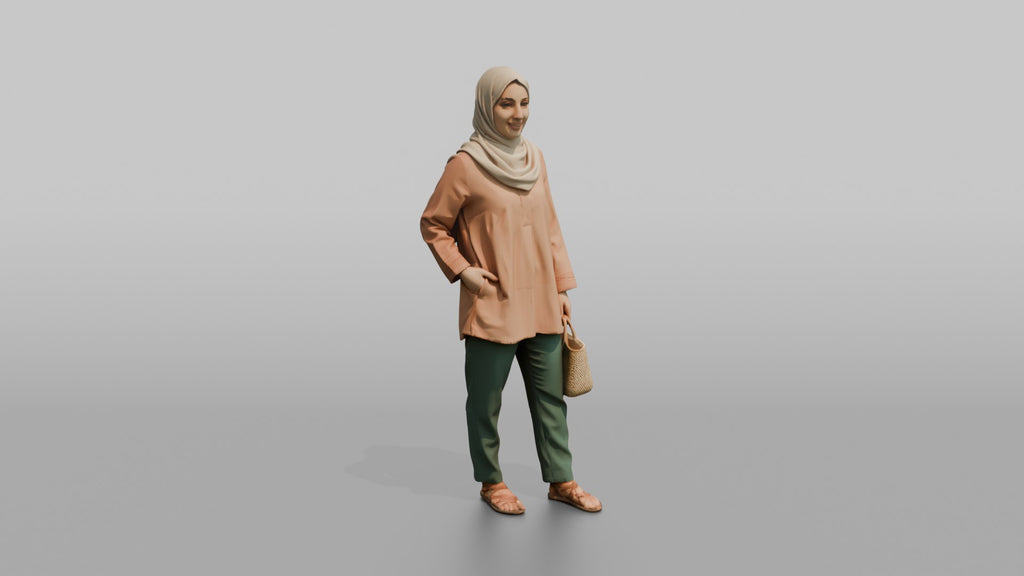 Hijab Woman with Wicker Bag in Peach Tunic