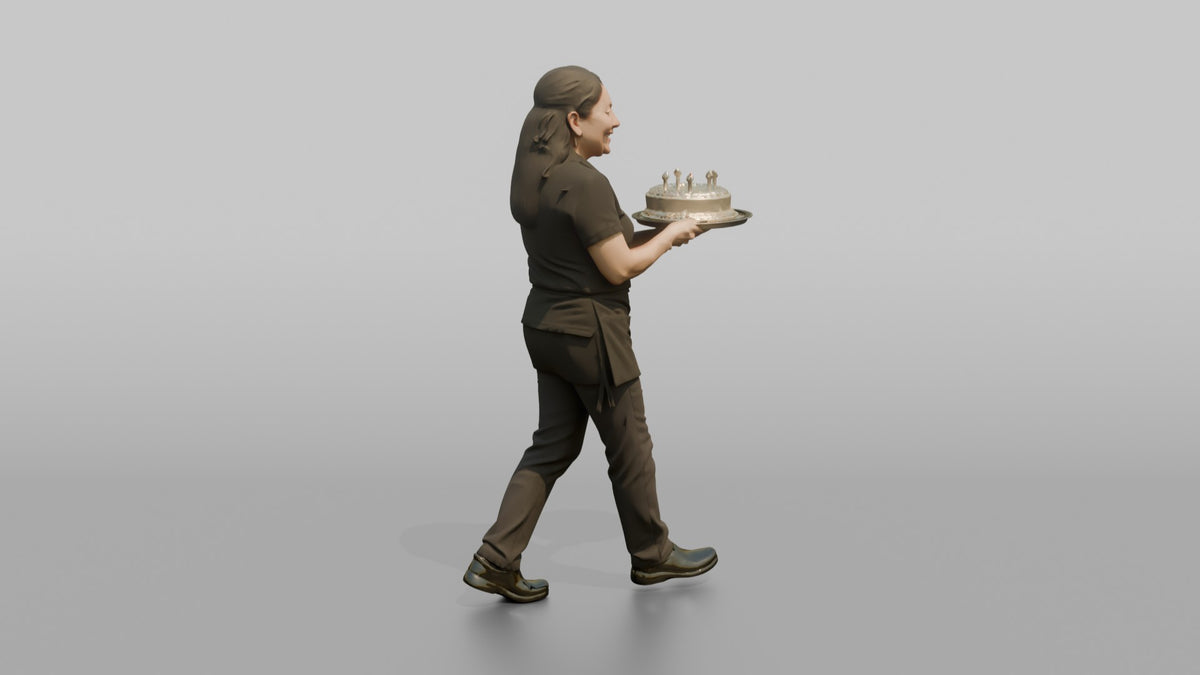 Server Woman Carrying A Tray With A Birthday Cake - 3D character model, view 2