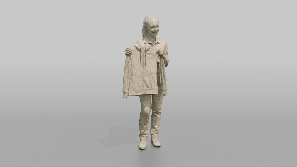 Woman Sales Associate Holding Up A Jacket For Size Comparison - wireframe topology preview
