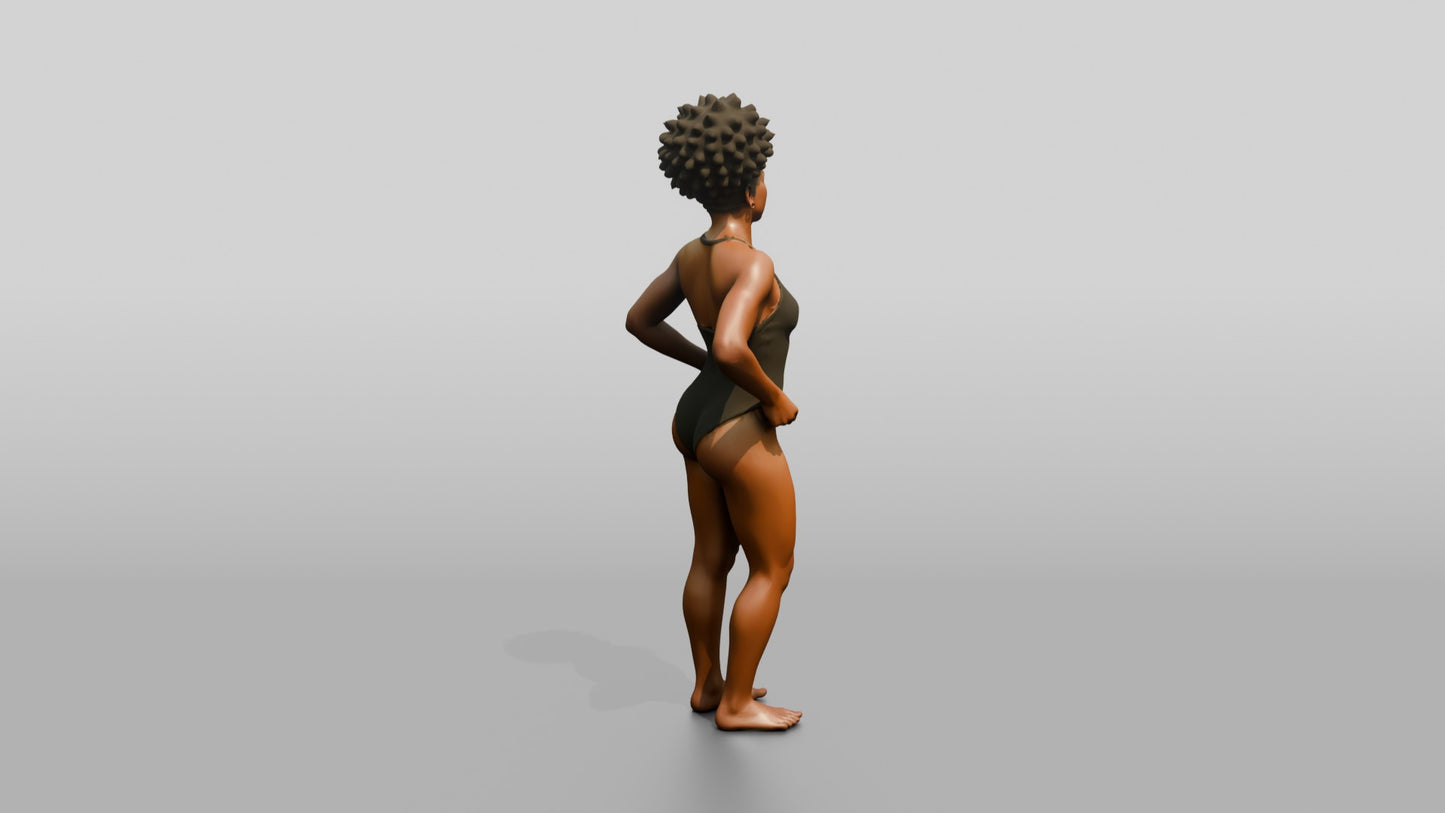Black Woman in Olive One-Piece Swimsuit Hand on Hip