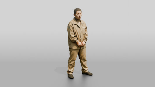 East Asian Female Prisoner in a Khaki Uniform - 3D character model, view 1