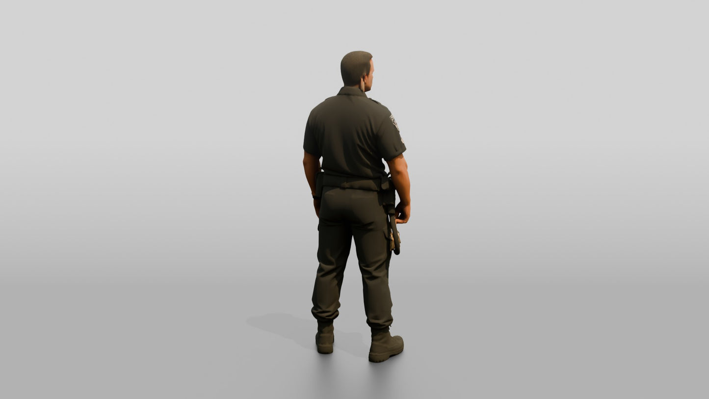 White Male Guard in a Navy Blue Tactical Guard Uniform