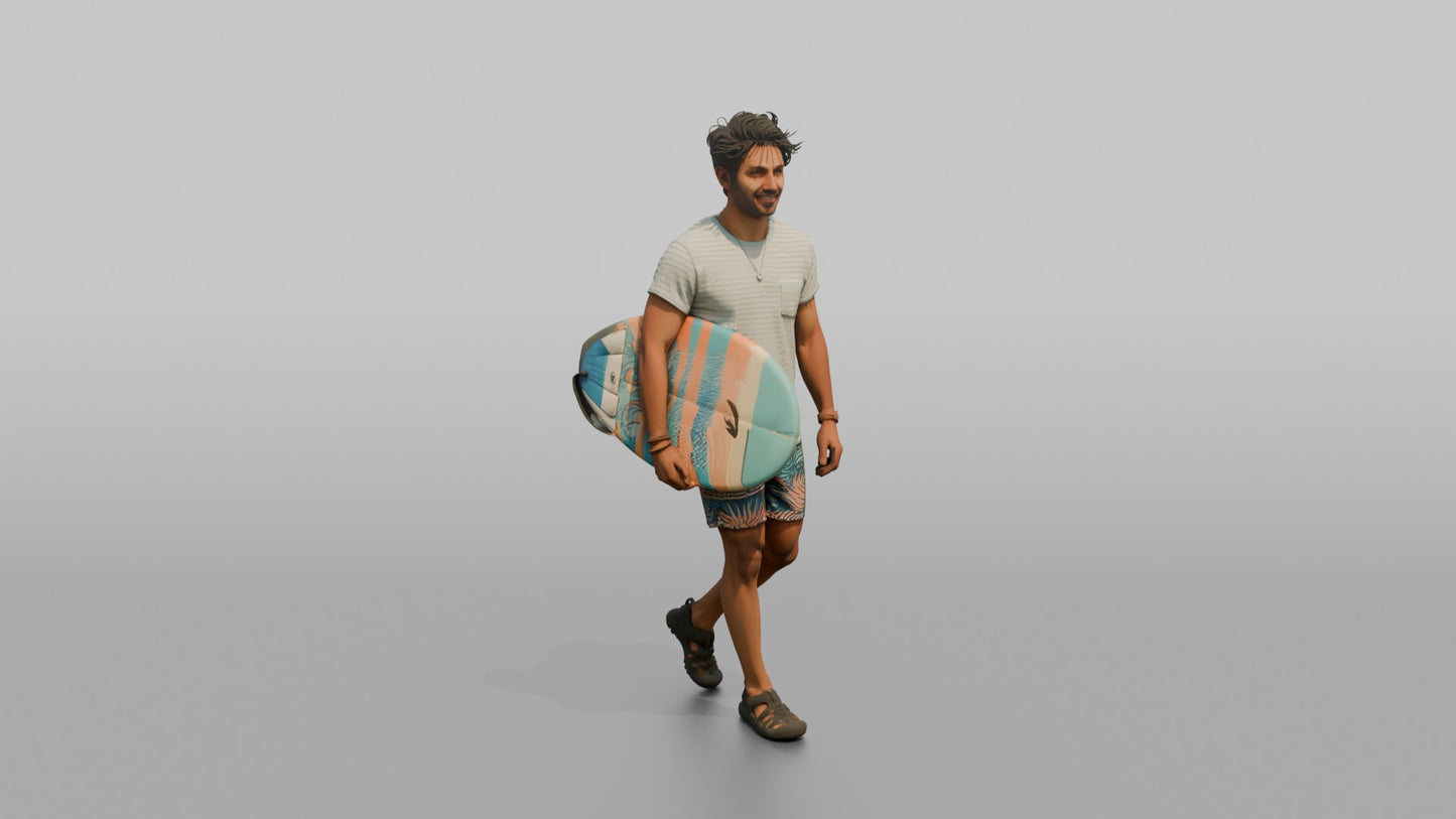 Vacationer Wearing Striped Summer Tee And Swim Trunks