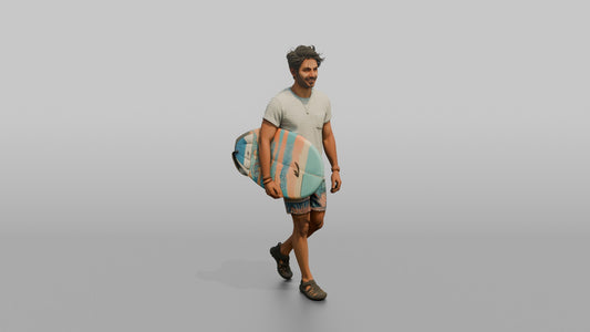Vacationer Wearing Striped Summer Tee And Swim Trunks - 3D character model, view 1