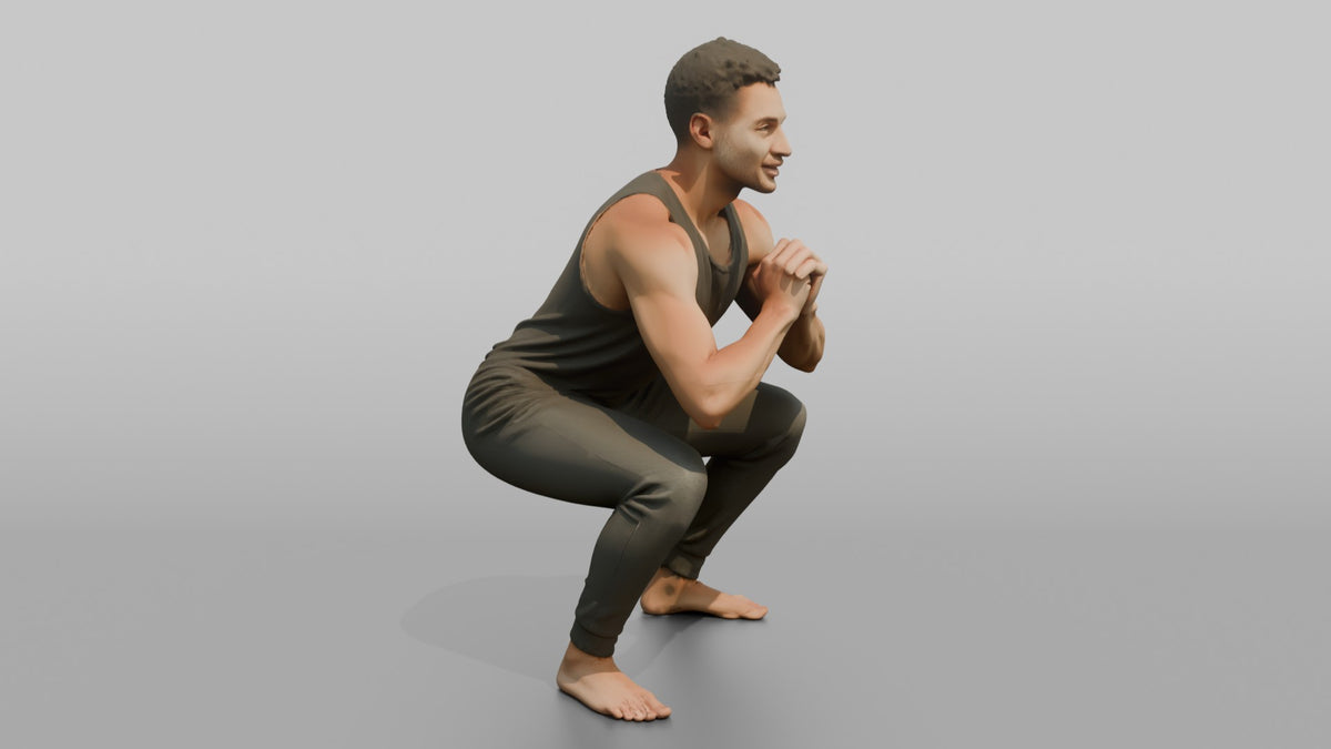 Fitness Influencer Man Doing A Bodyweight Squat With Hands Clasped - 3D character model, view 2