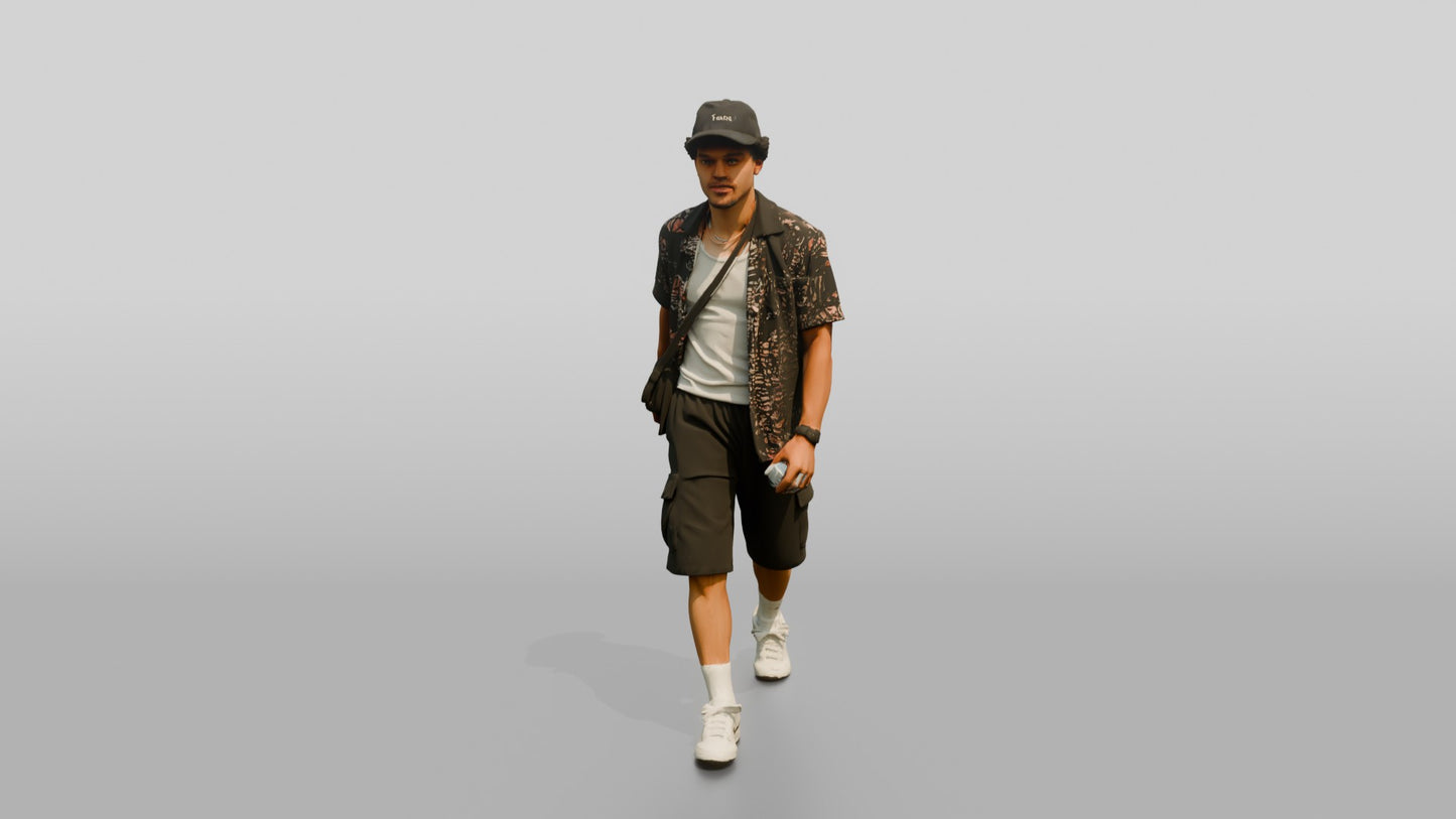 Multiracial Man Walking the Boardwalk in Patterned Shirt